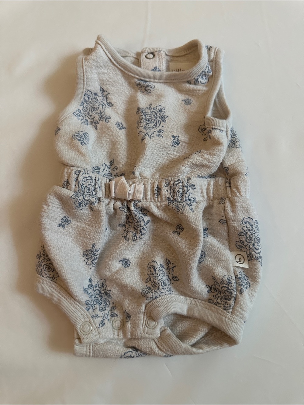 Ivory Cream Floral Knit Baby Romper with Blue Floral Print
